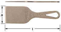 Composite image of a bronze metal spray booth scraper with AMPCO stamped on blade. The blade features a rectangular sloped to the scraper handle neck with open loop handle.  A horizontal image shows the thin width of the entire metal scraper.